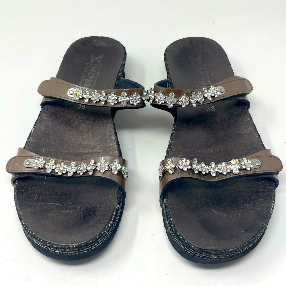 Mephisto "Ivana" Leather Rhinestone Wedge Sandals | Size 38 | Brown & Silver